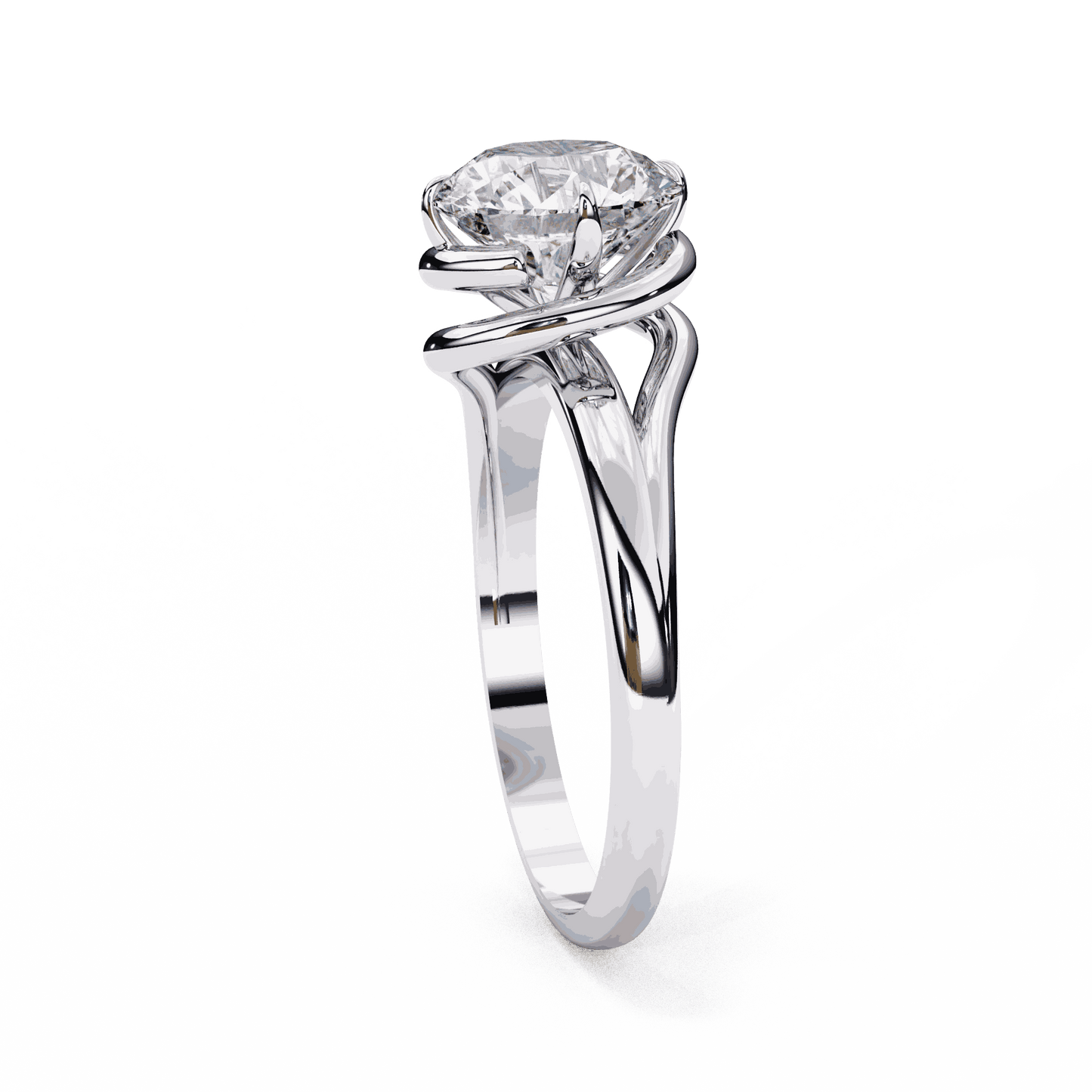 Round Cut Lab Grown Diamond Solitaire Engagement Ring with Swirl Wrap Split Shank