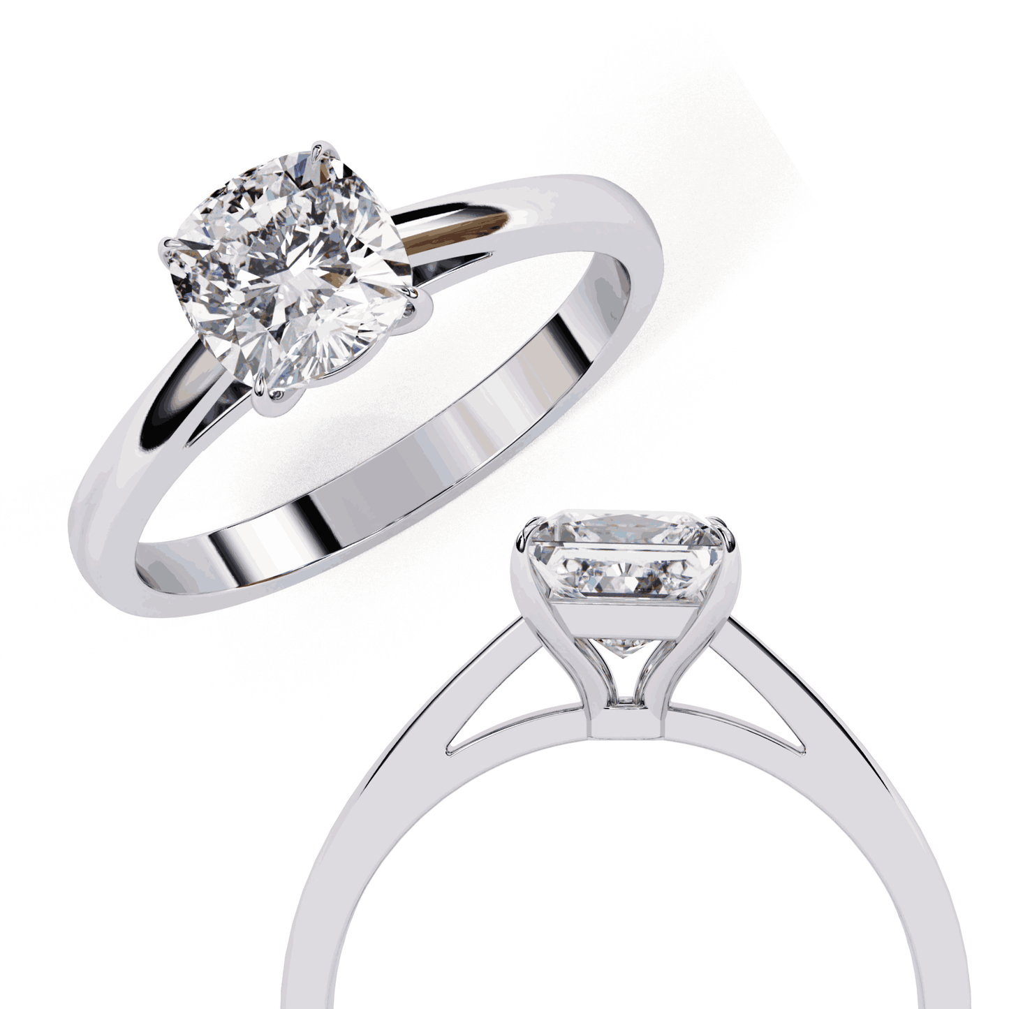 Cushion Cut Lab Grown Diamond Solitaire Engagement Ring with Double Claw Cathedral Band