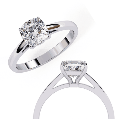 Cushion Cut Lab Grown Diamond Solitaire Engagement Ring with Double Claw Cathedral Band
