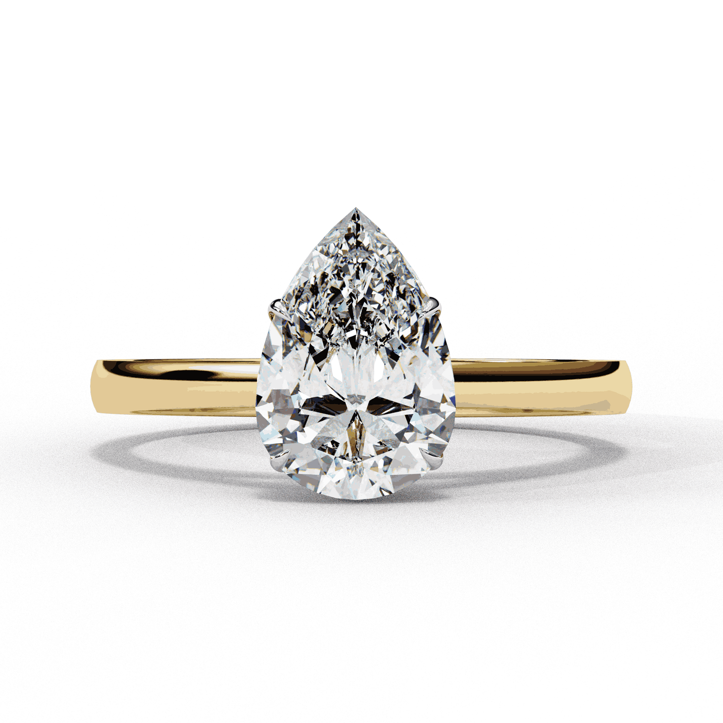 Pear Cut Lab Grown Diamond Solitaire Engagement Ring with Five Prong Tapered Cathedral