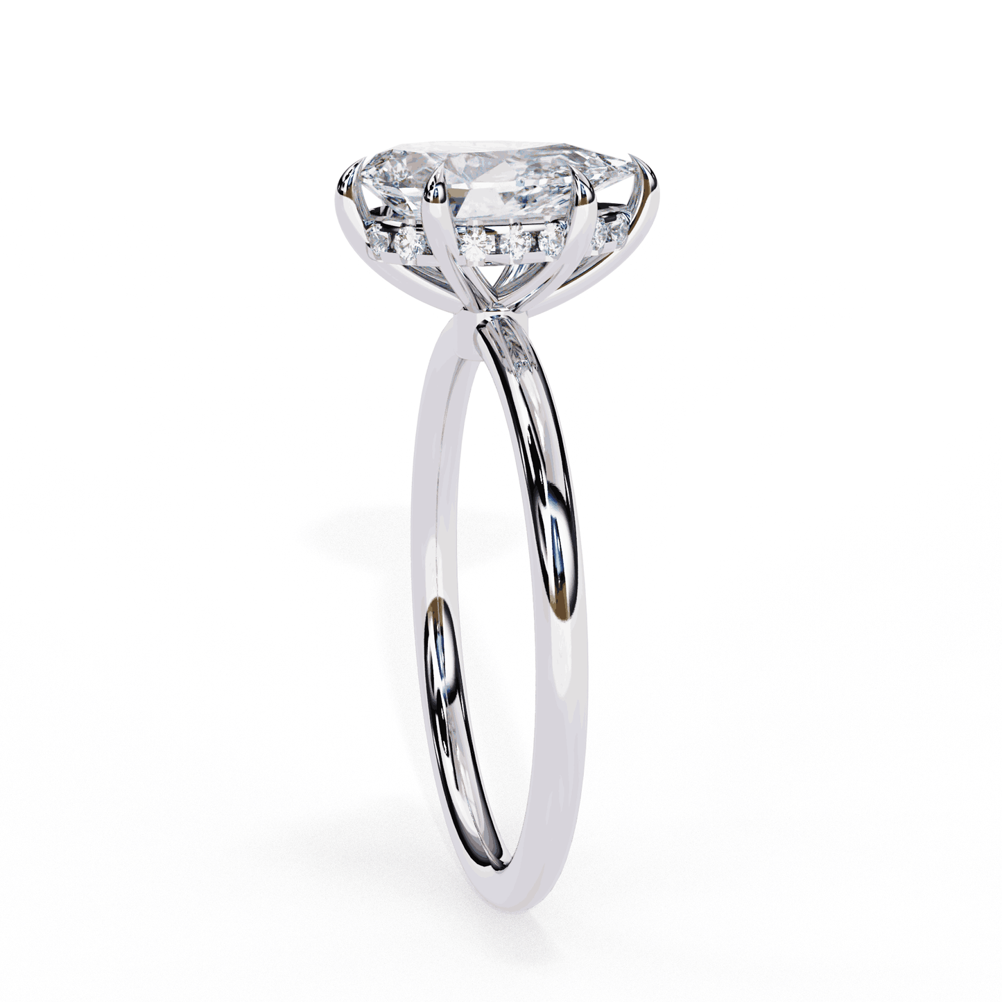 Pear Cut Lab Grown Diamond Halo Engagement Ring with Hidden Pavé and Five Prong Head
