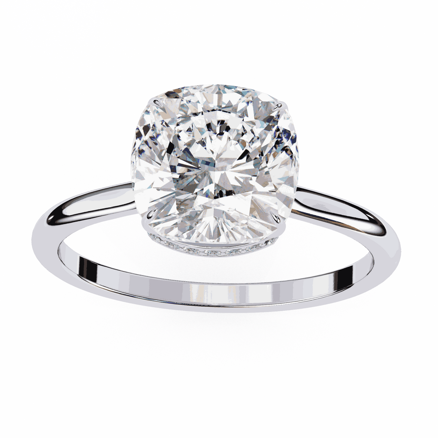 Cushion Cut Lab Grown Diamond Solitaire Engagement Ring with Hidden Halo
