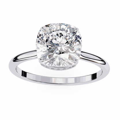 Cushion Cut Lab Grown Diamond Solitaire Engagement Ring with Hidden Halo