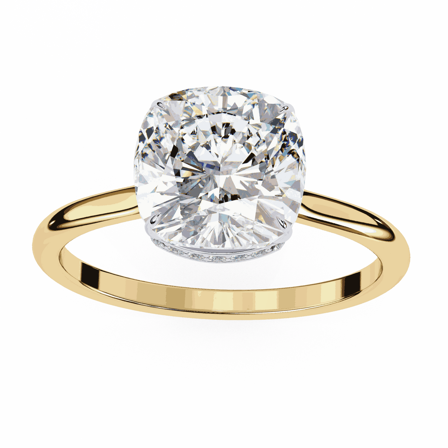 Cushion Cut Lab Grown Diamond Solitaire Engagement Ring with Hidden Halo