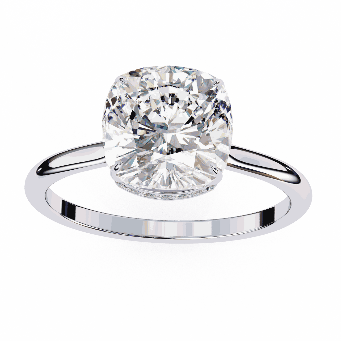 Cushion Cut Lab Grown Diamond Solitaire Engagement Ring with Hidden Halo