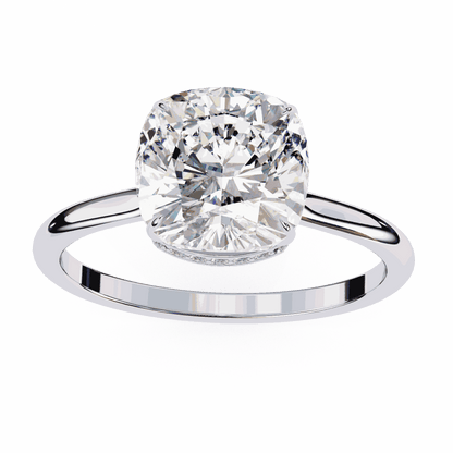 Cushion Cut Lab Grown Diamond Solitaire Engagement Ring with Hidden Halo