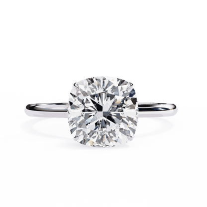 Cushion Cut Lab Grown Diamond Solitaire Engagement Ring with Hidden Halo