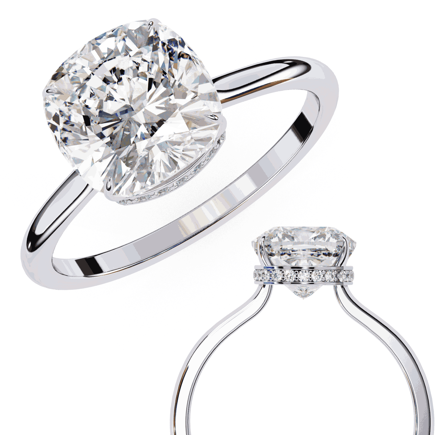 Cushion Cut Lab Grown Diamond Solitaire Engagement Ring with Hidden Halo