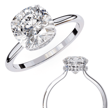Cushion Cut Lab Grown Diamond Solitaire Engagement Ring with Hidden Halo