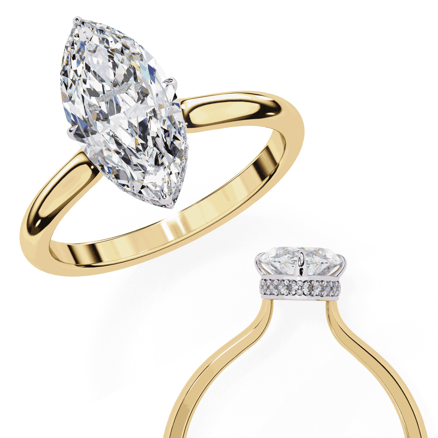 Marquise Cut Lab Grown Diamond Solitaire Engagement Ring with Hidden Halo