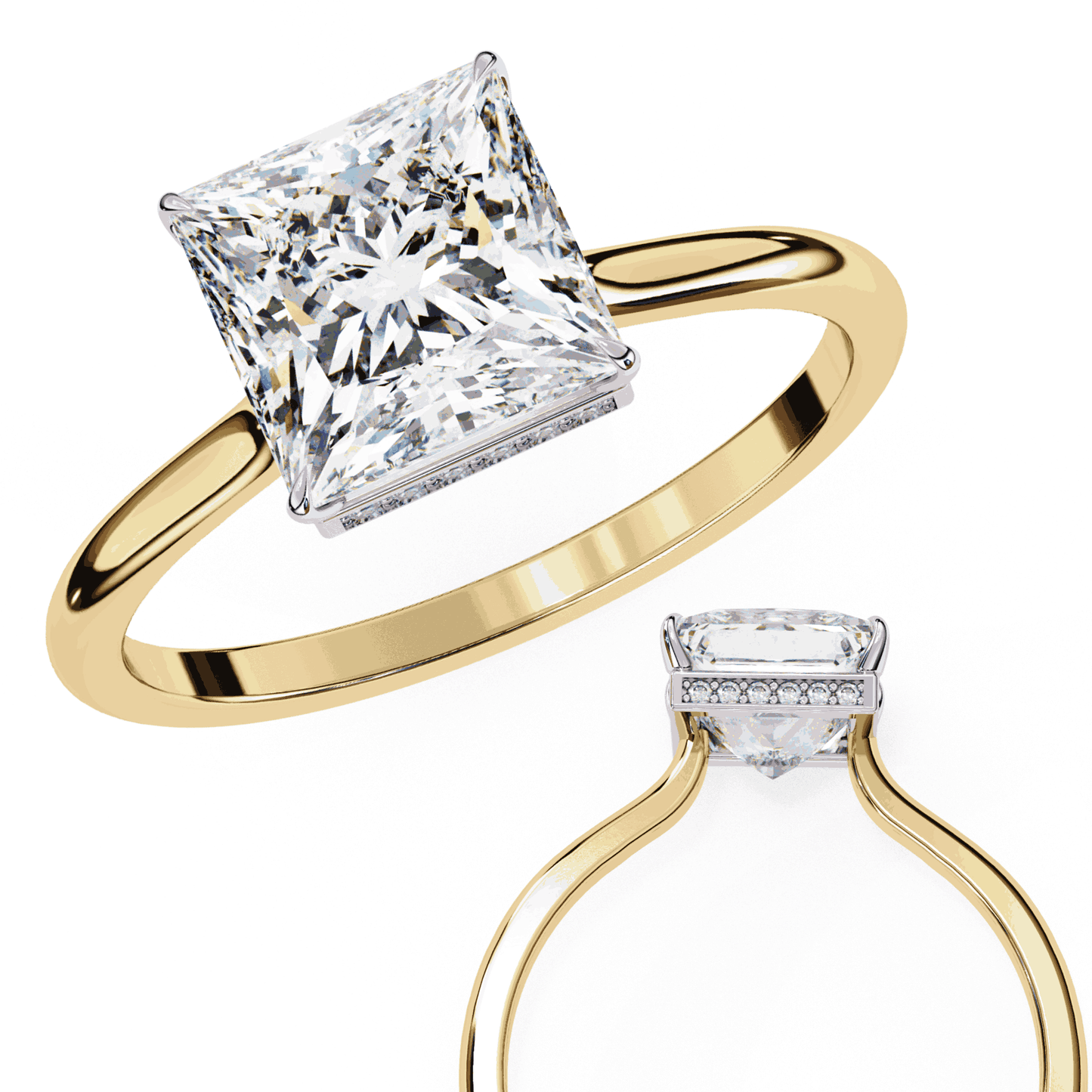 Princess Cut Lab Grown Diamond Solitaire Engagement Ring with Hidden Halo