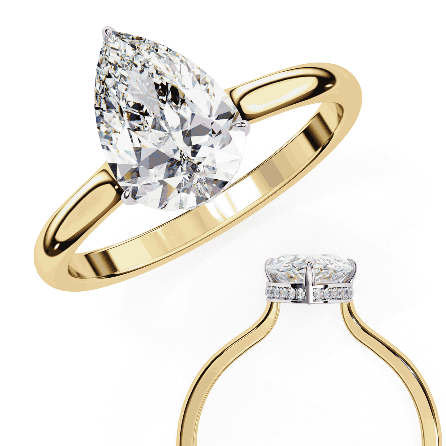 Pear Cut Lab Grown Diamond Solitaire Engagement Ring with Hidden Halo Basket