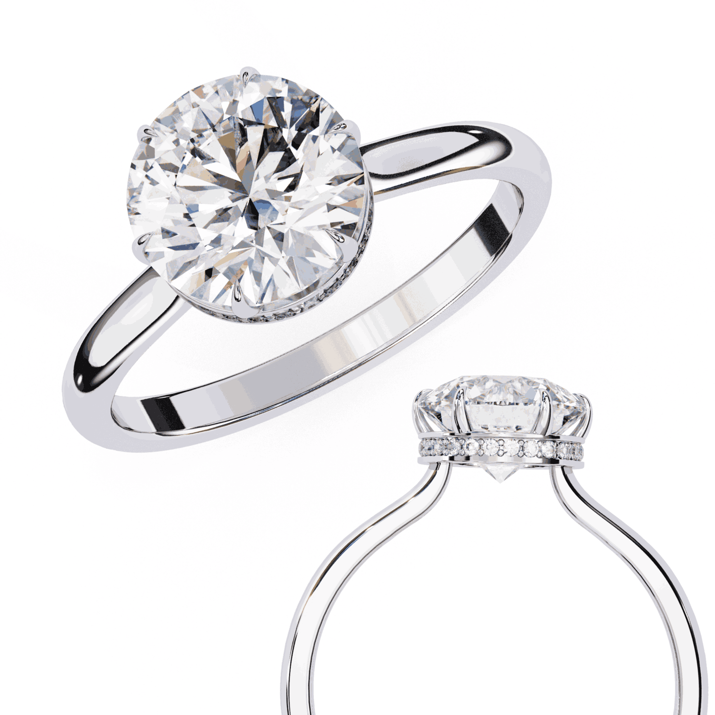 Round Cut Lab Grown Diamond Solitaire Engagement Ring with Hidden Halo