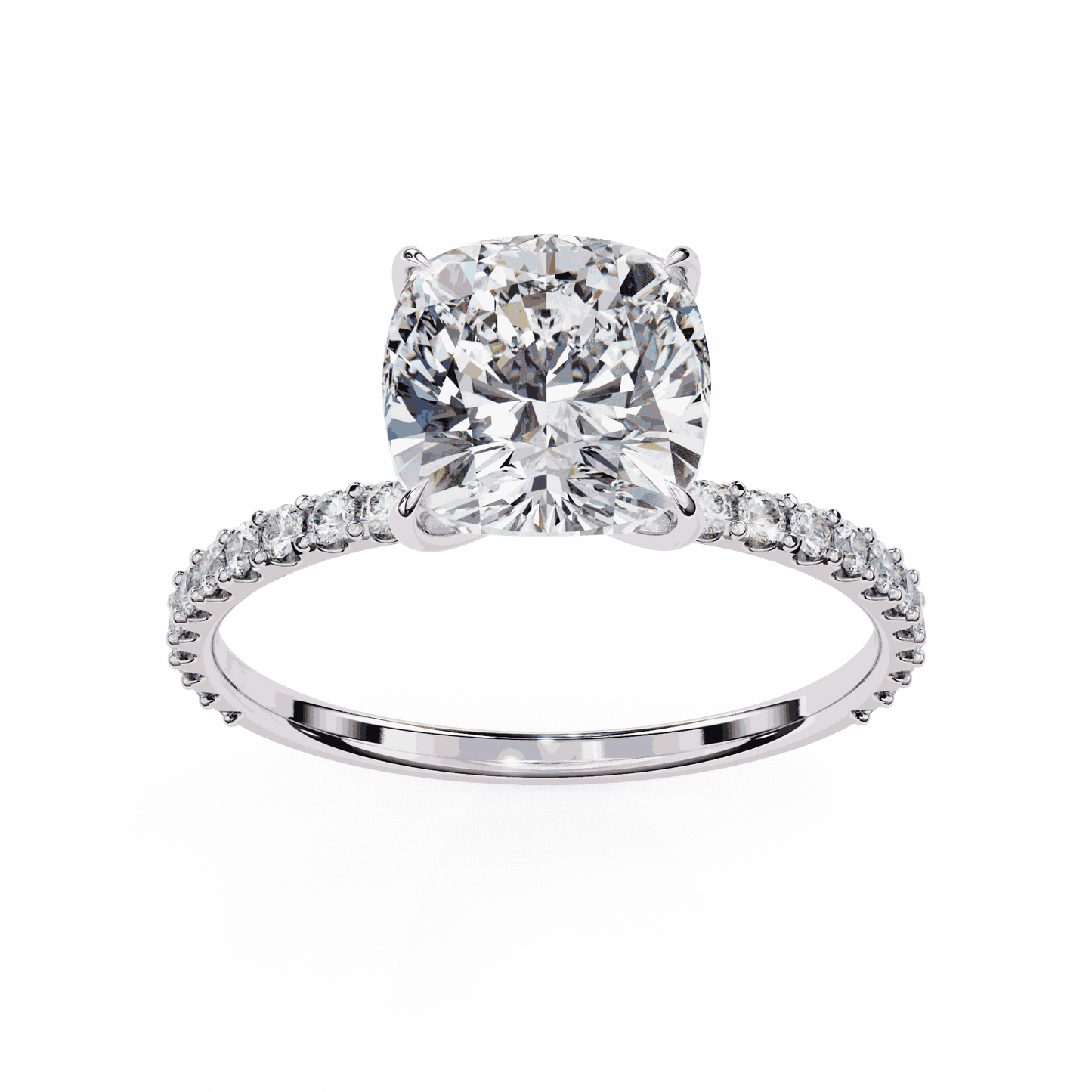 Cushion Cut Lab Grown Diamond Pavé Engagement Ring with Hidden Halo Basket