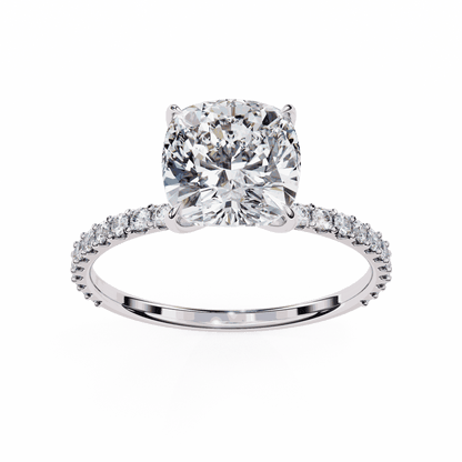 Cushion Cut Lab Grown Diamond Pavé Engagement Ring with Hidden Halo Basket