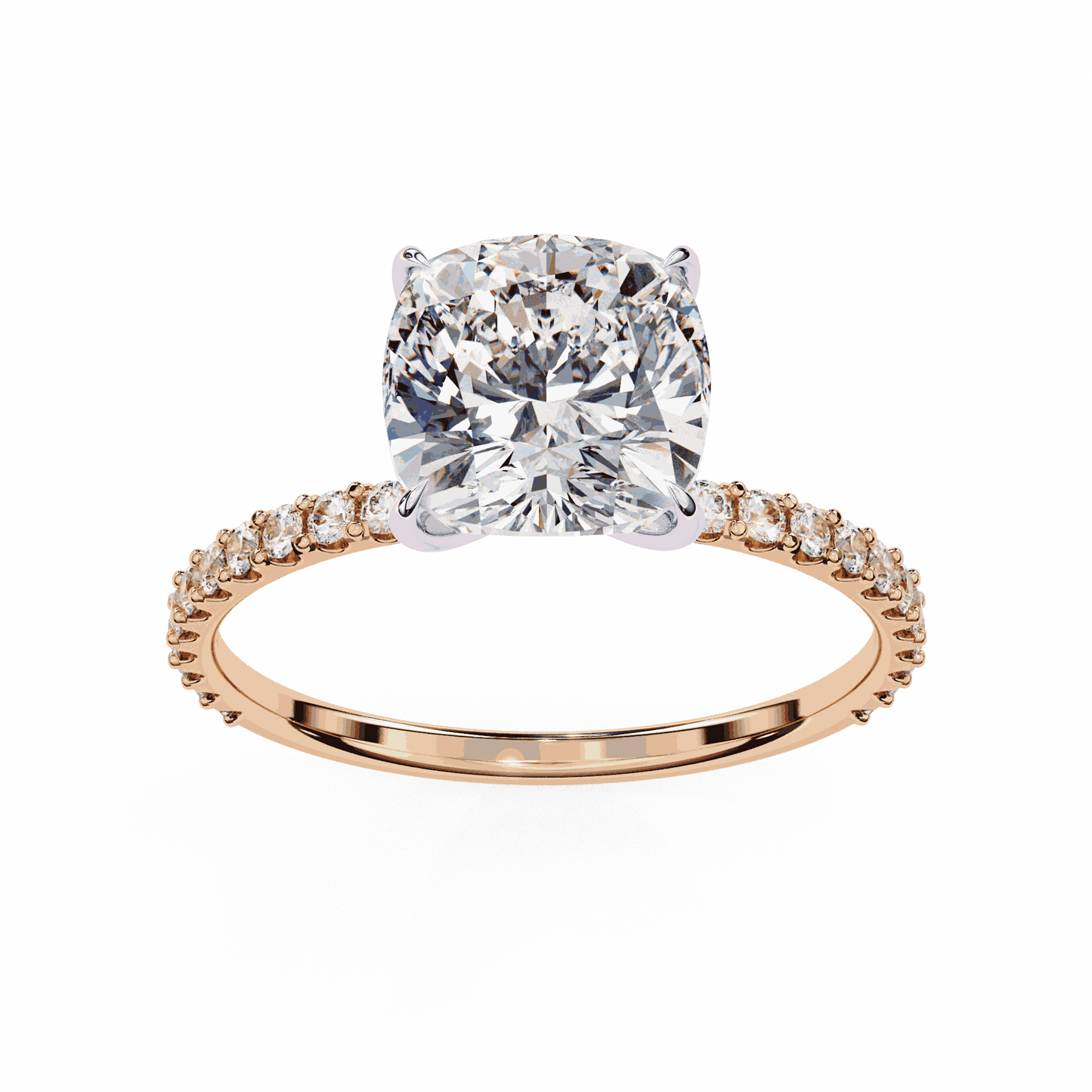 Cushion Cut Lab Grown Diamond Pavé Engagement Ring with Hidden Halo Basket