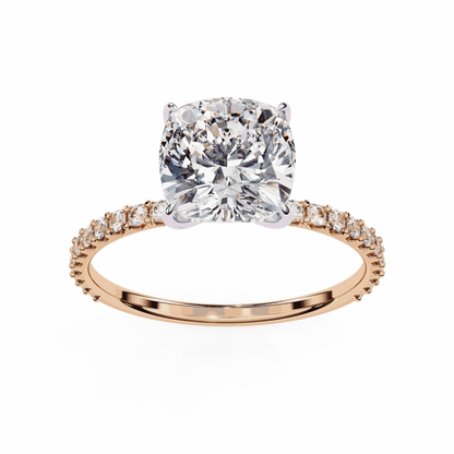 Cushion Cut Lab Grown Diamond Pavé Engagement Ring with Hidden Halo Basket