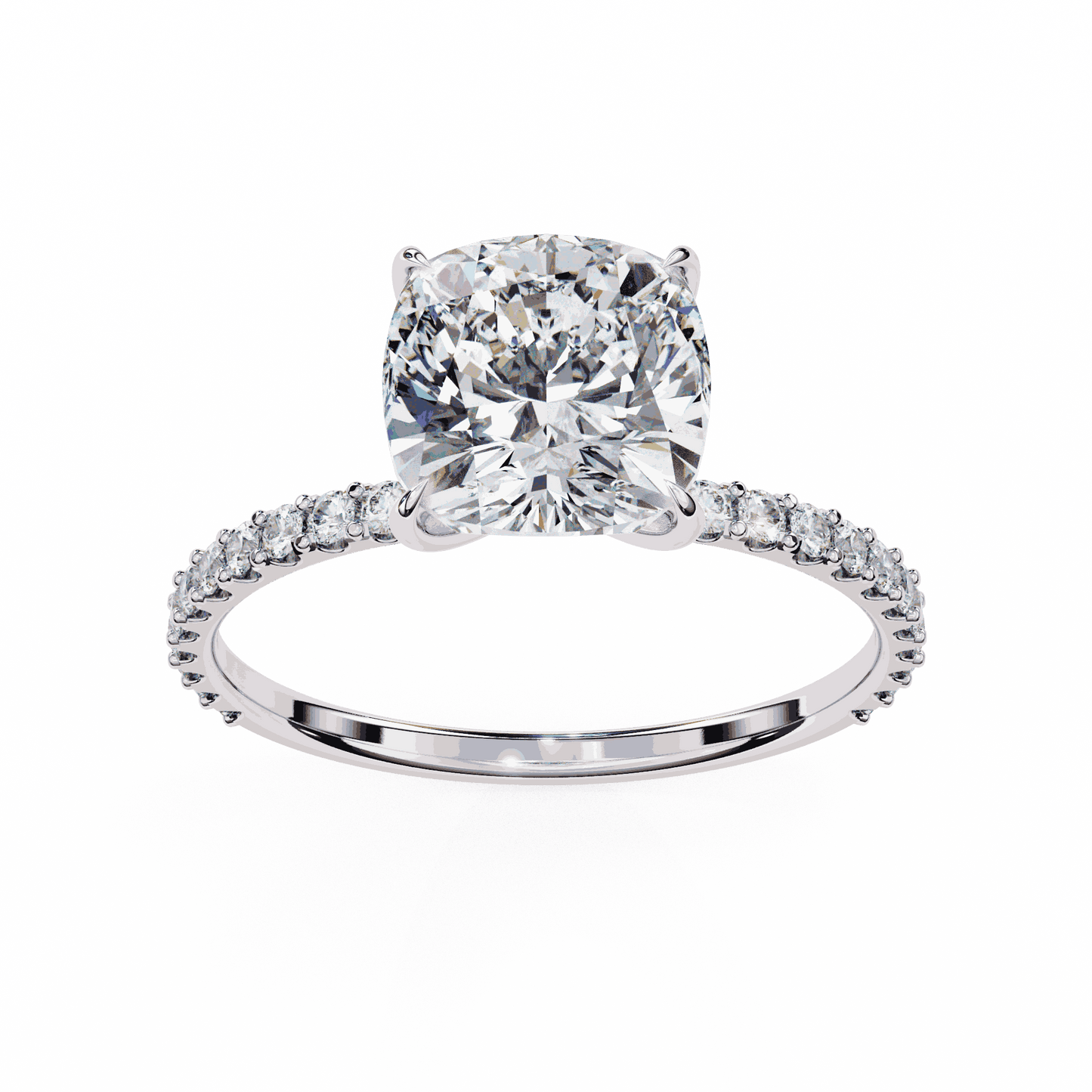Cushion Cut Lab Grown Diamond Pavé Engagement Ring with Hidden Halo Basket