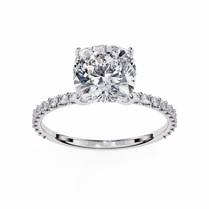 Cushion Cut Lab Grown Diamond Pavé Engagement Ring with Hidden Halo Basket