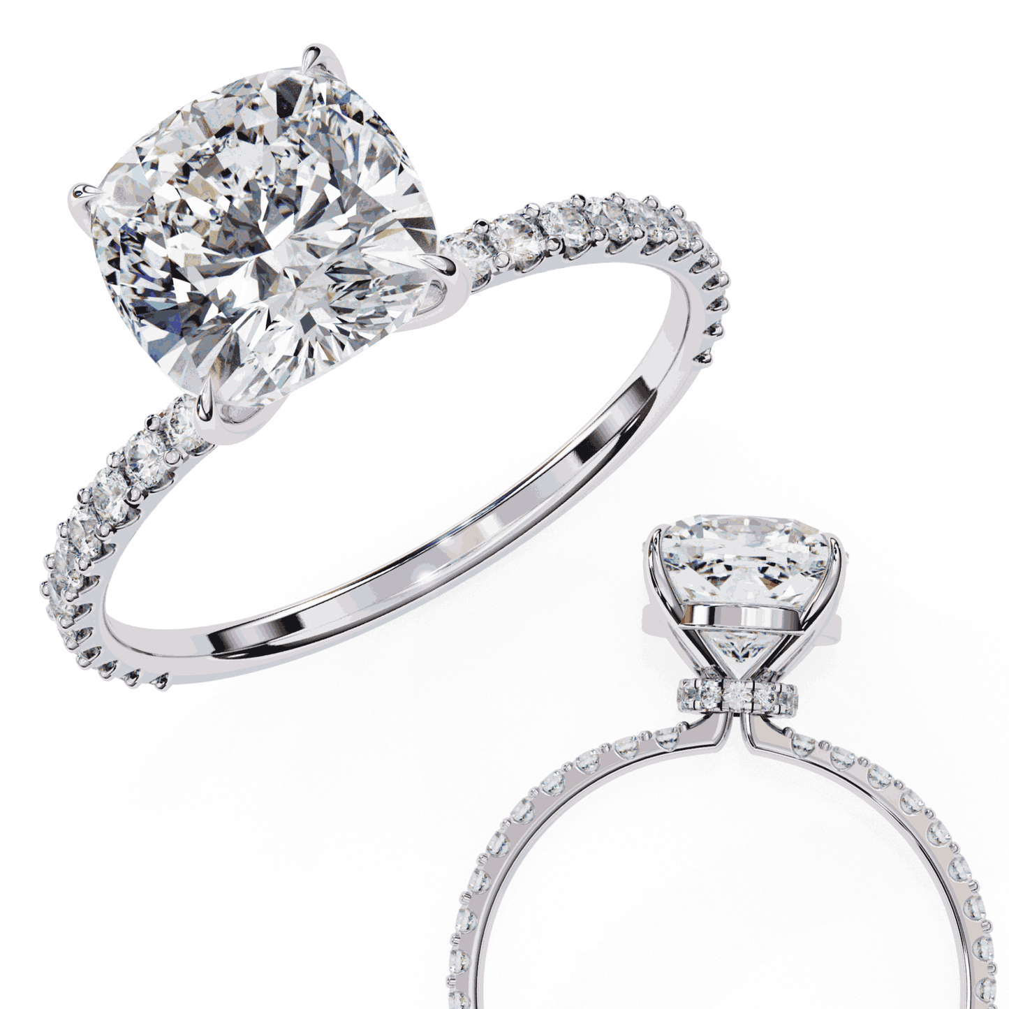 Cushion Cut Lab Grown Diamond Pavé Engagement Ring with Hidden Halo Basket