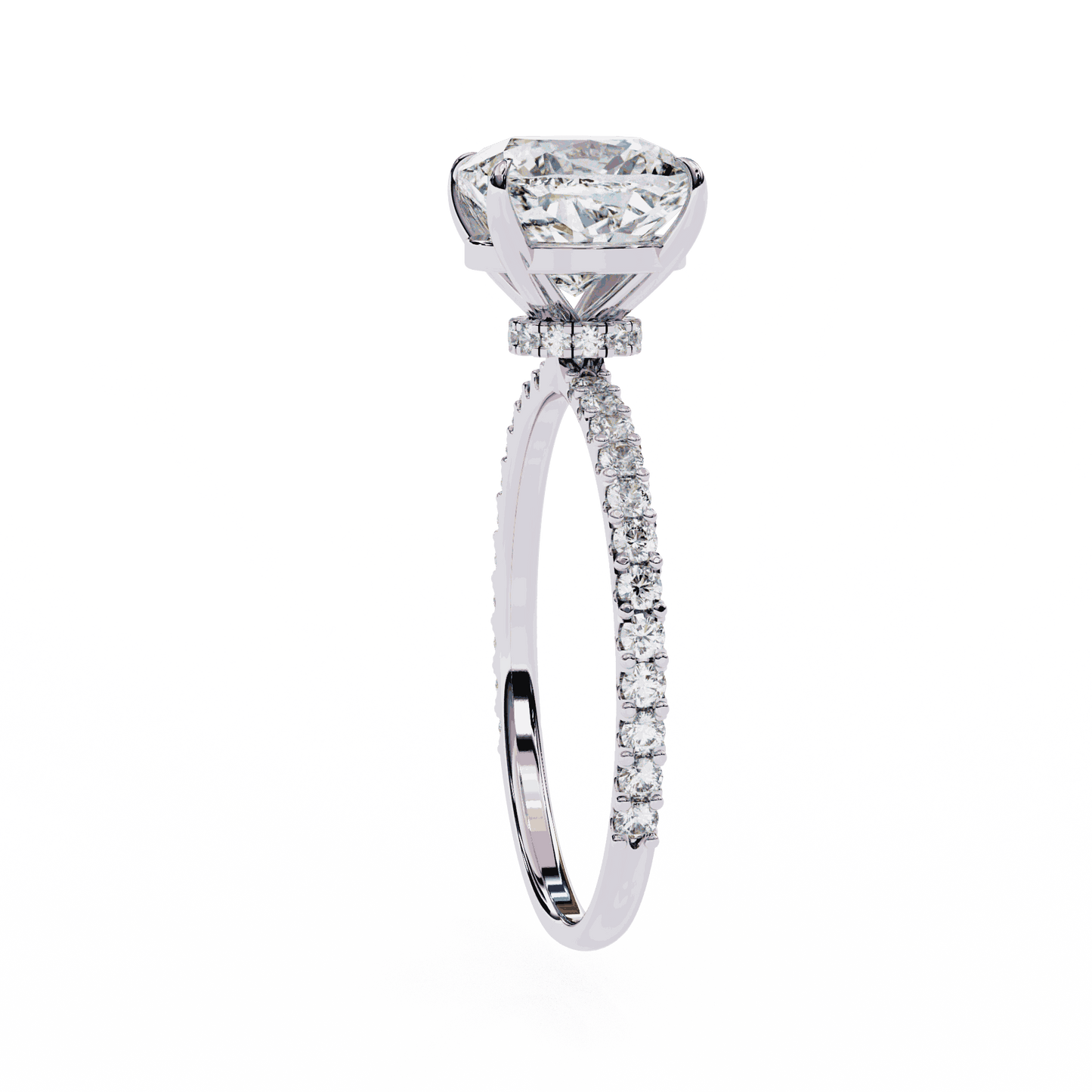 Cushion Cut Lab Grown Diamond Pavé Engagement Ring with Hidden Halo Basket