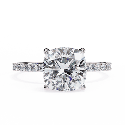 Cushion Cut Lab Grown Diamond Pavé Engagement Ring with Hidden Halo Basket