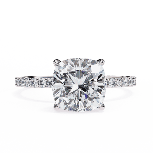 Cushion Cut Lab Grown Diamond Pavé Engagement Ring with Hidden Halo Basket