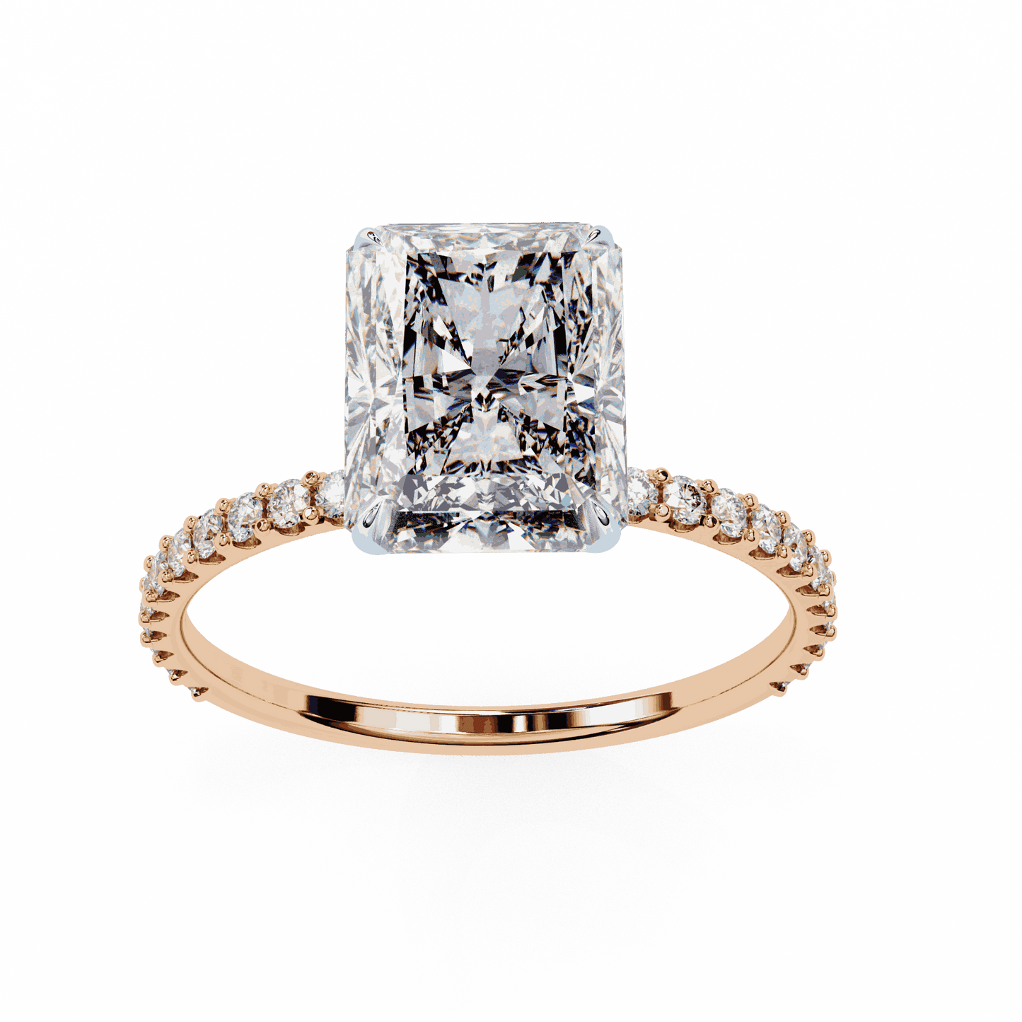Radiant Cut Lab Grown Diamond Pavé Engagement Ring with Hidden Halo Basket