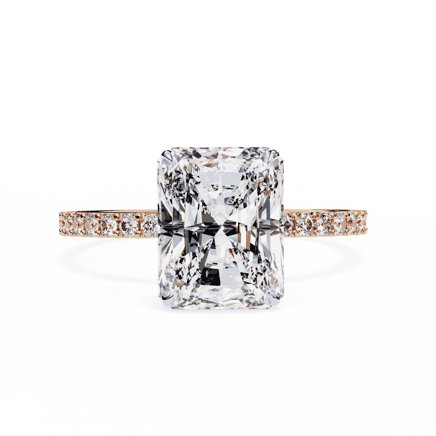 Radiant Cut Lab Grown Diamond Pavé Engagement Ring with Hidden Halo Basket