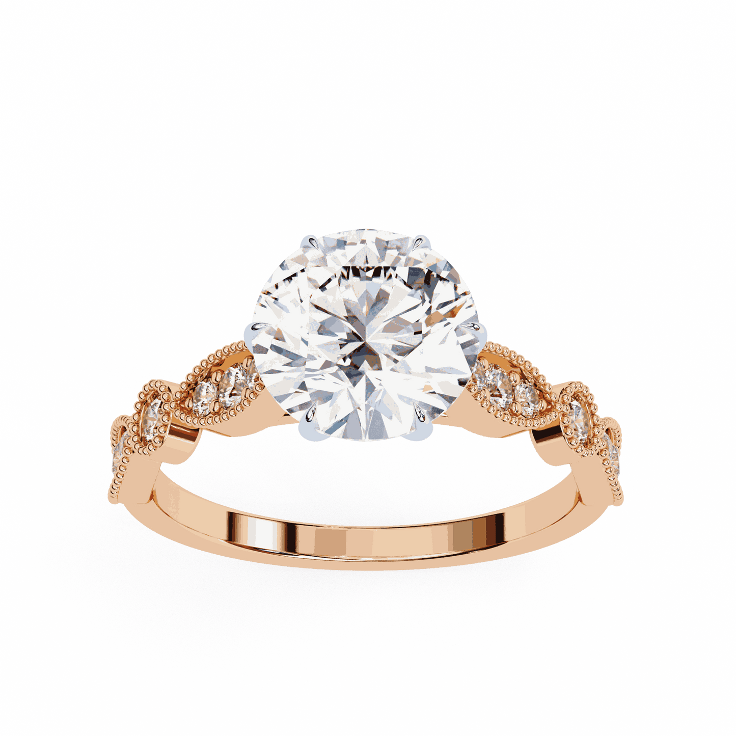 Round Cut Lab Grown Diamond Cathedral Engagement Ring with Vintage Milgrain