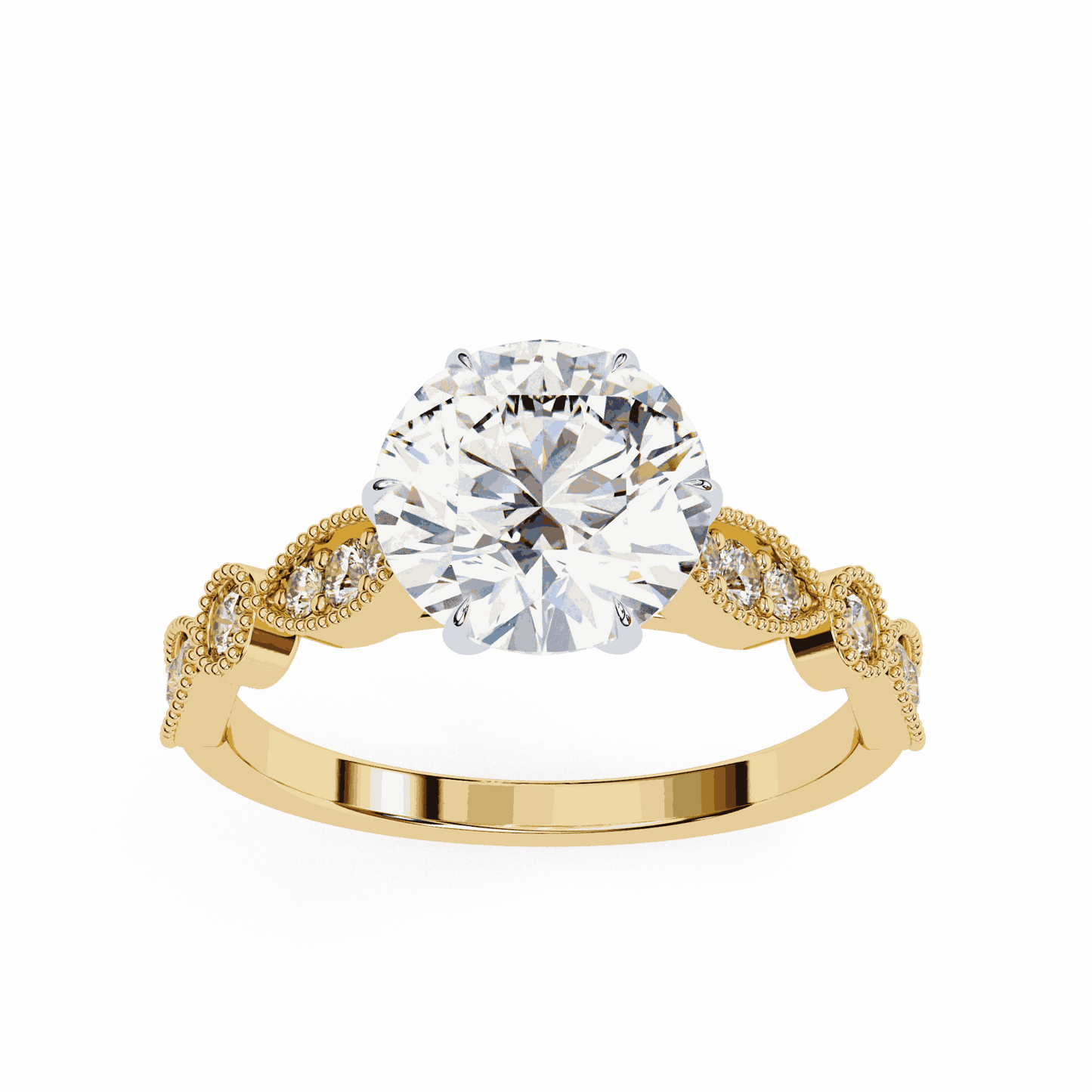 Round Cut Lab Grown Diamond Cathedral Engagement Ring with Vintage Milgrain