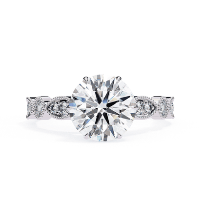 Round Cut Lab Grown Diamond Cathedral Engagement Ring with Vintage Milgrain