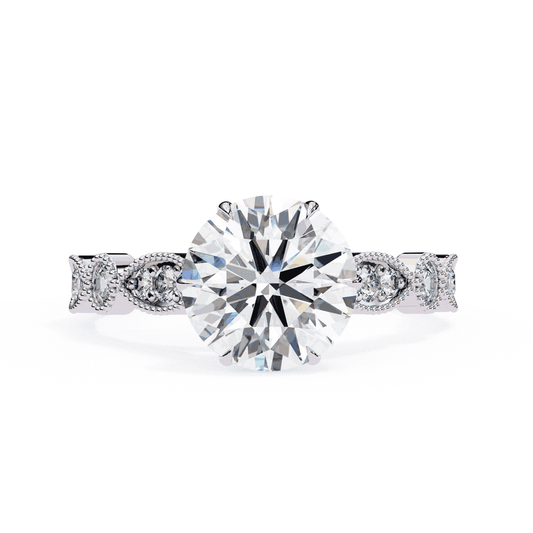 Round Cut Lab Grown Diamond Cathedral Engagement Ring with Vintage Milgrain