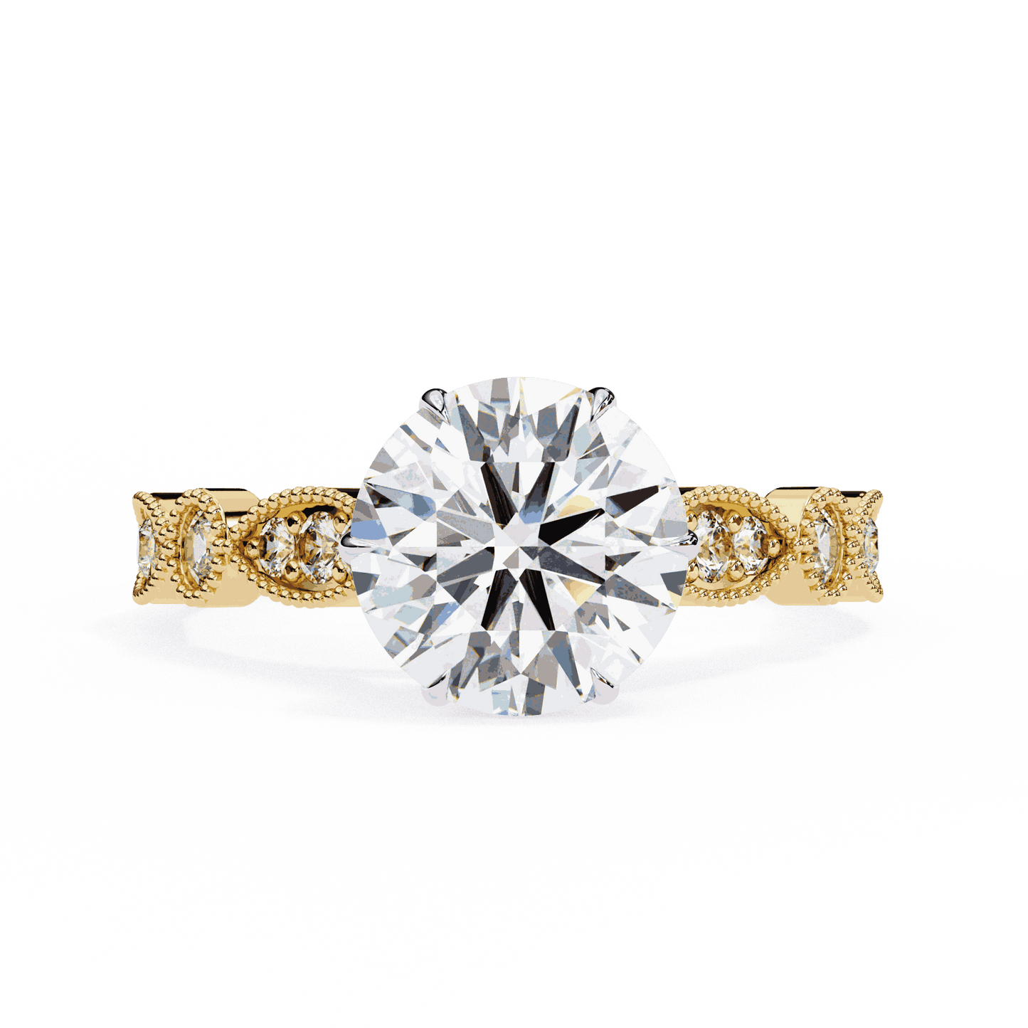 Round Cut Lab Grown Diamond Cathedral Engagement Ring with Vintage Milgrain
