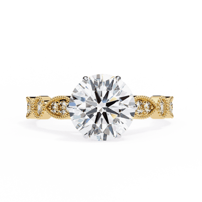 Round Cut Lab Grown Diamond Cathedral Engagement Ring with Vintage Milgrain