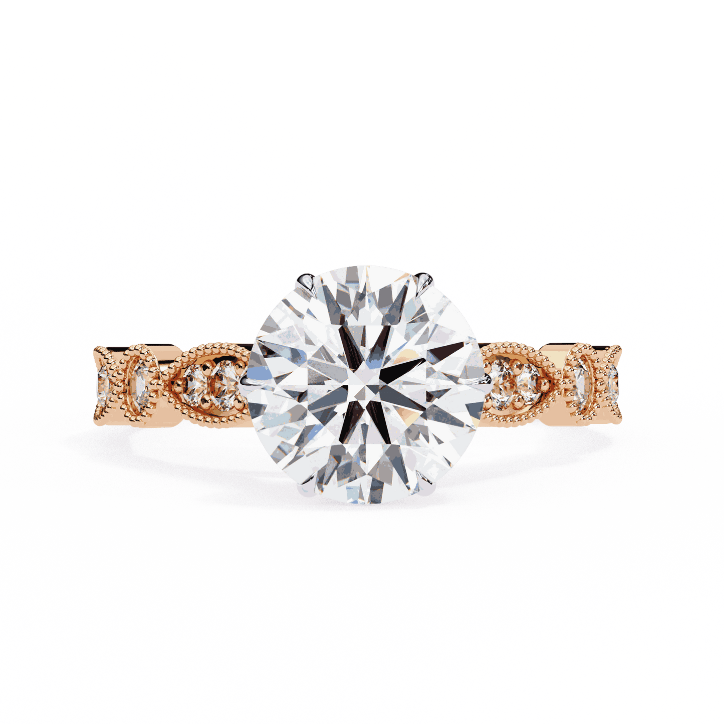 Round Cut Lab Grown Diamond Cathedral Engagement Ring with Vintage Milgrain