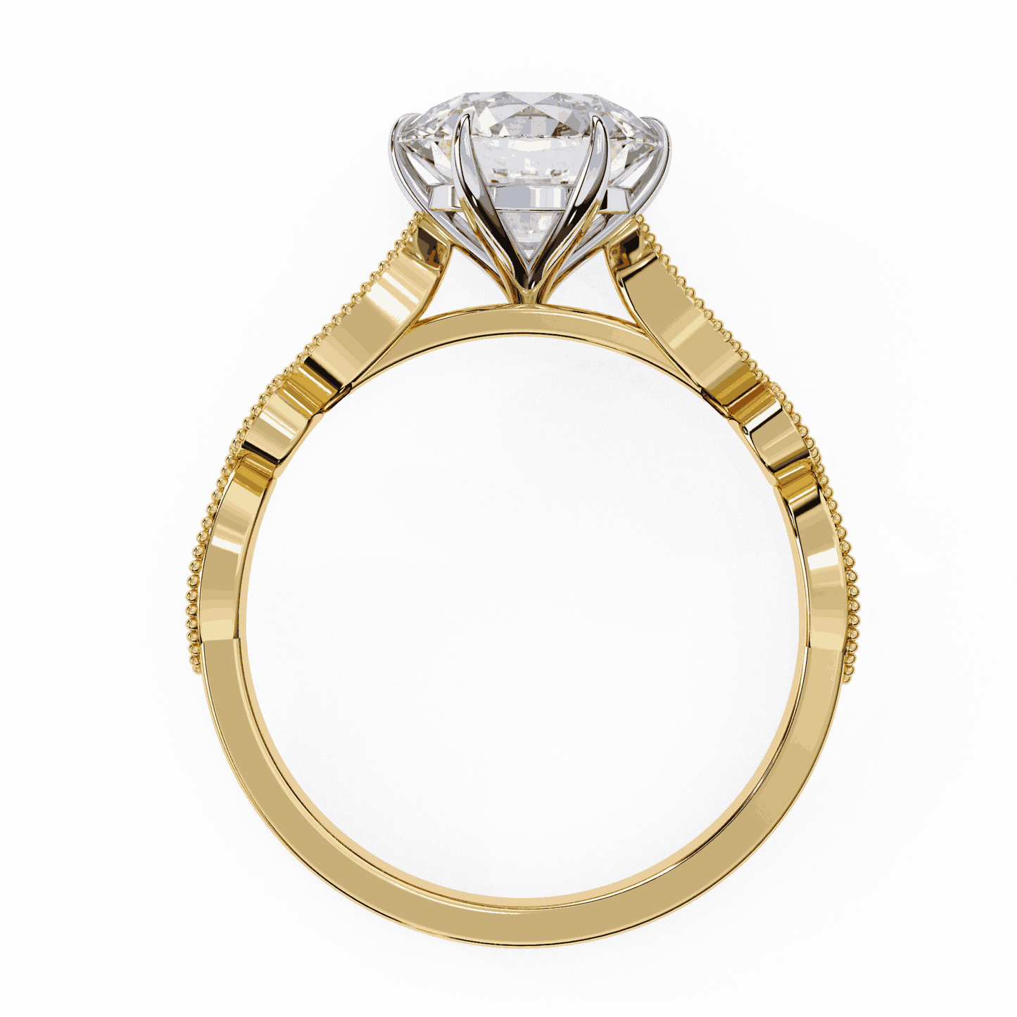 Round Cut Lab Grown Diamond Cathedral Engagement Ring with Vintage Milgrain