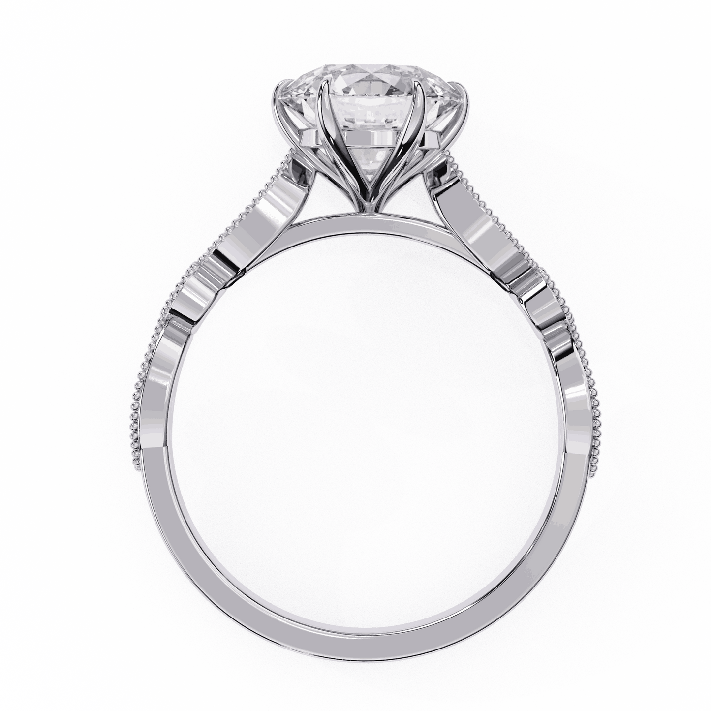 Round Cut Lab Grown Diamond Cathedral Engagement Ring with Vintage Milgrain