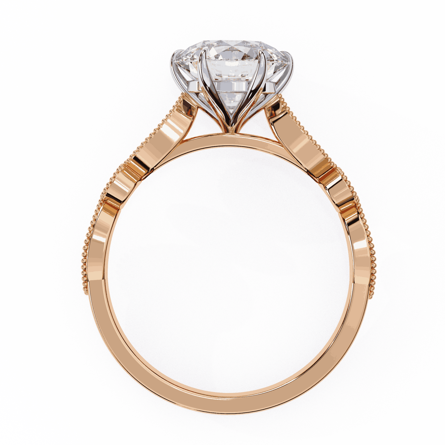 Round Cut Lab Grown Diamond Cathedral Engagement Ring with Vintage Milgrain
