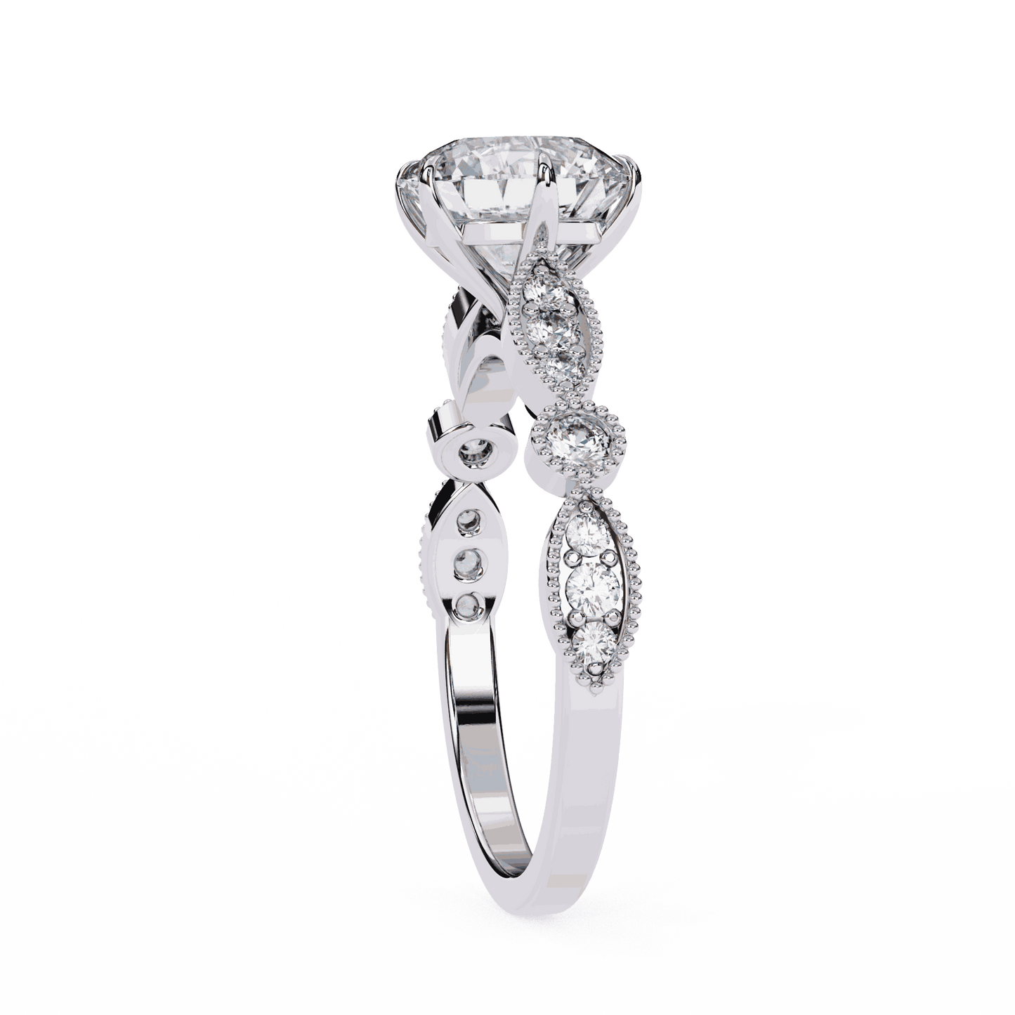 Round Cut Lab Grown Diamond Cathedral Engagement Ring with Vintage Milgrain