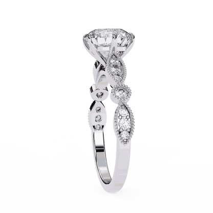 Round Cut Lab Grown Diamond Cathedral Engagement Ring with Vintage Milgrain
