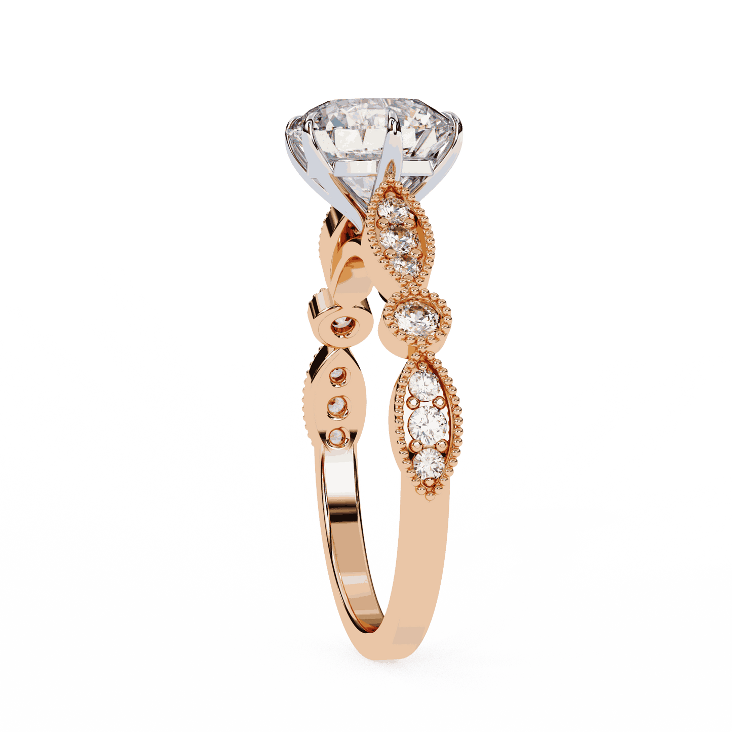 Round Cut Lab Grown Diamond Cathedral Engagement Ring with Vintage Milgrain