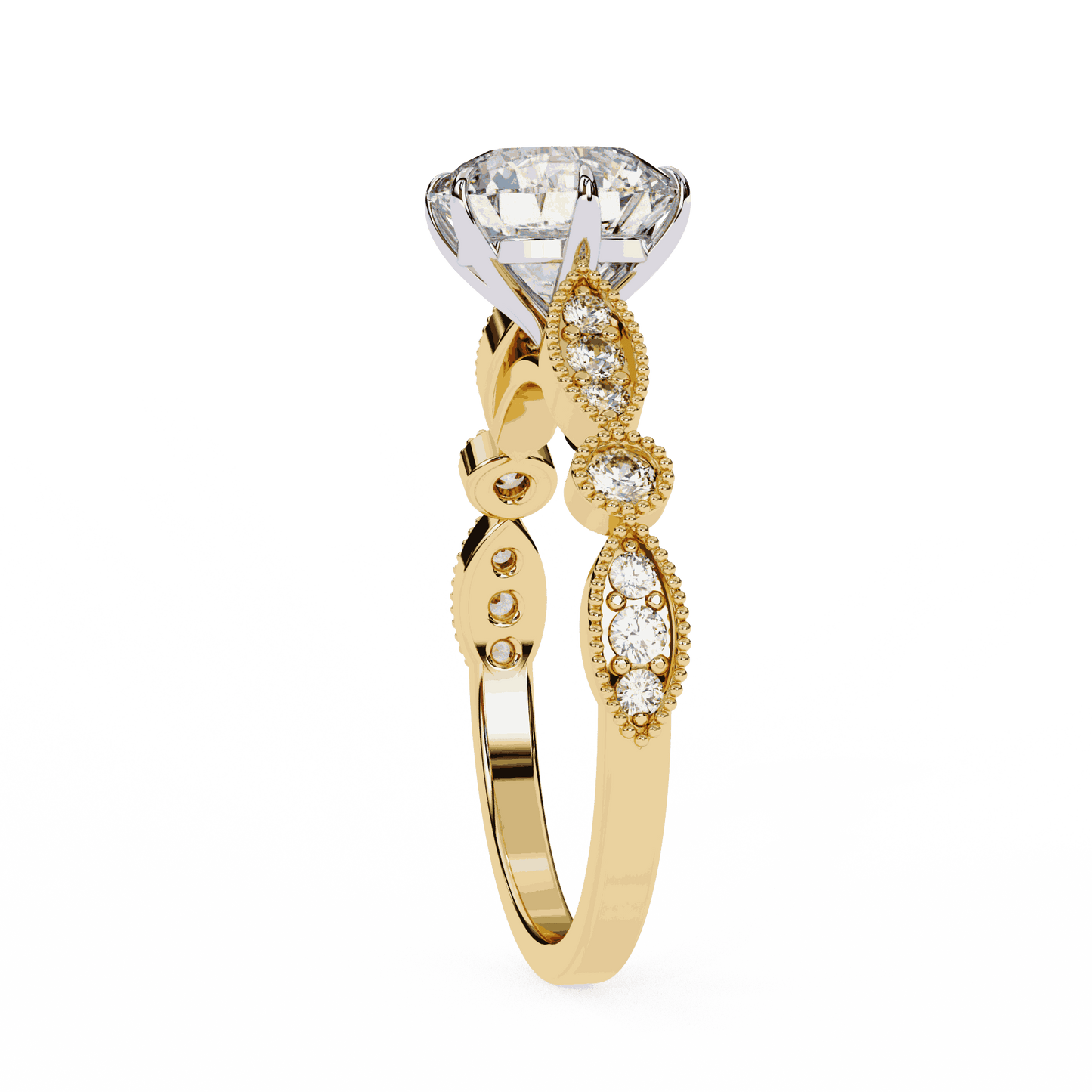Round Cut Lab Grown Diamond Cathedral Engagement Ring with Vintage Milgrain