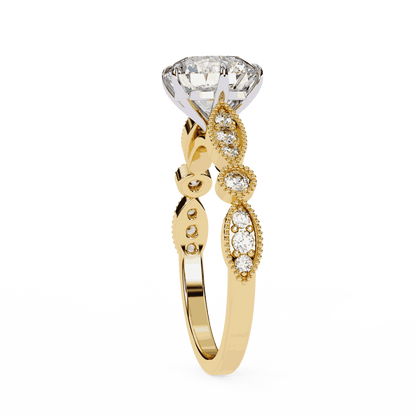 Round Cut Lab Grown Diamond Cathedral Engagement Ring with Vintage Milgrain