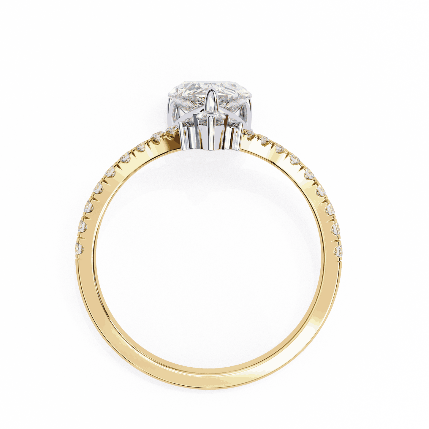 Pear Cut Lab Grown Diamond Pave Engagement Ring with Chevron Shank and Pear Crown