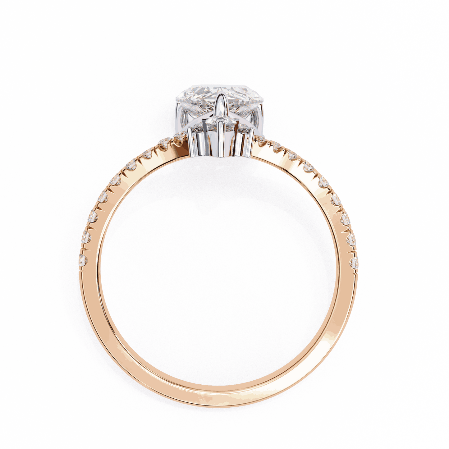 Pear Cut Lab Grown Diamond Pave Engagement Ring with Chevron Shank and Pear Crown