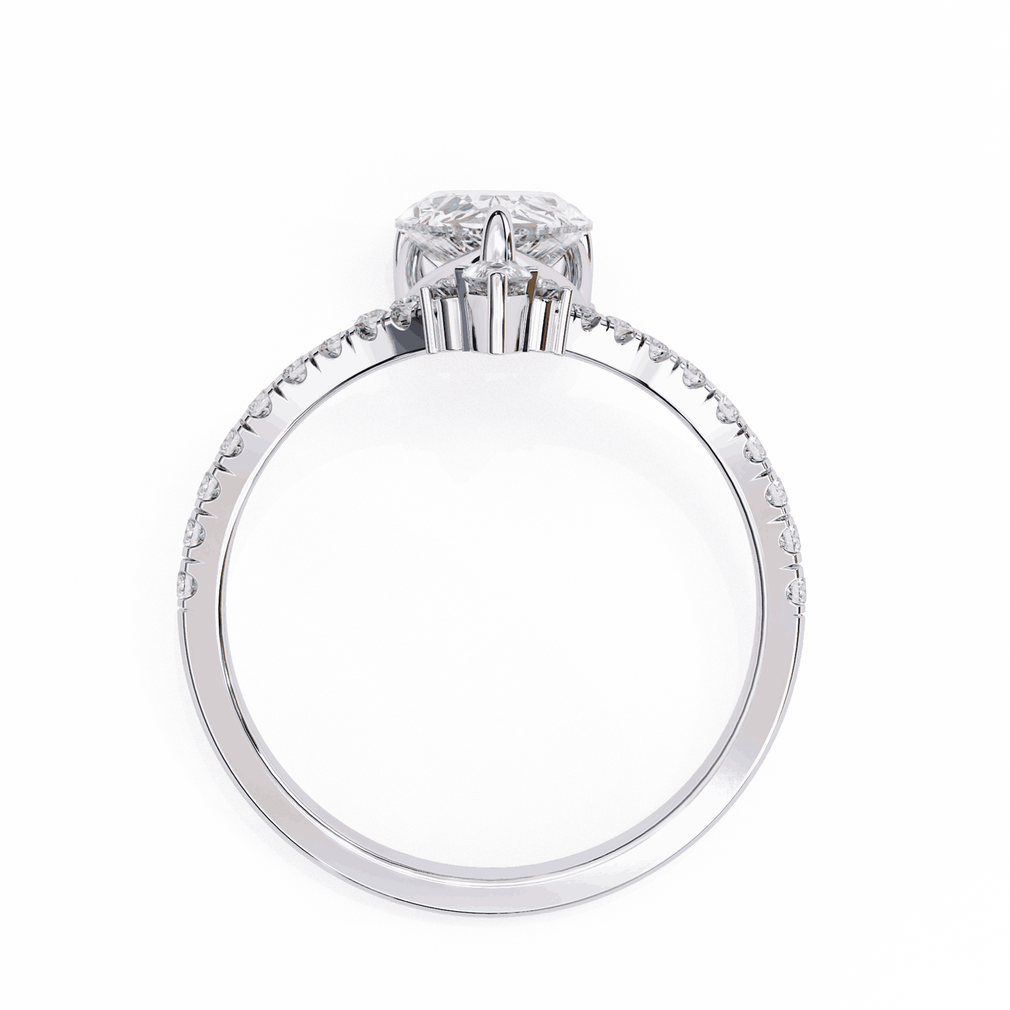 Pear Cut Lab Grown Diamond Pave Engagement Ring with Chevron Shank and Pear Crown