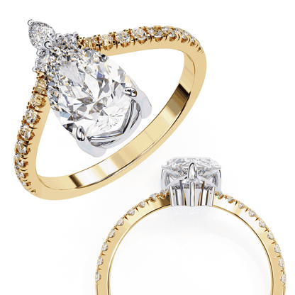 Pear Cut Lab Grown Diamond Pave Engagement Ring with Chevron Shank and Pear Crown