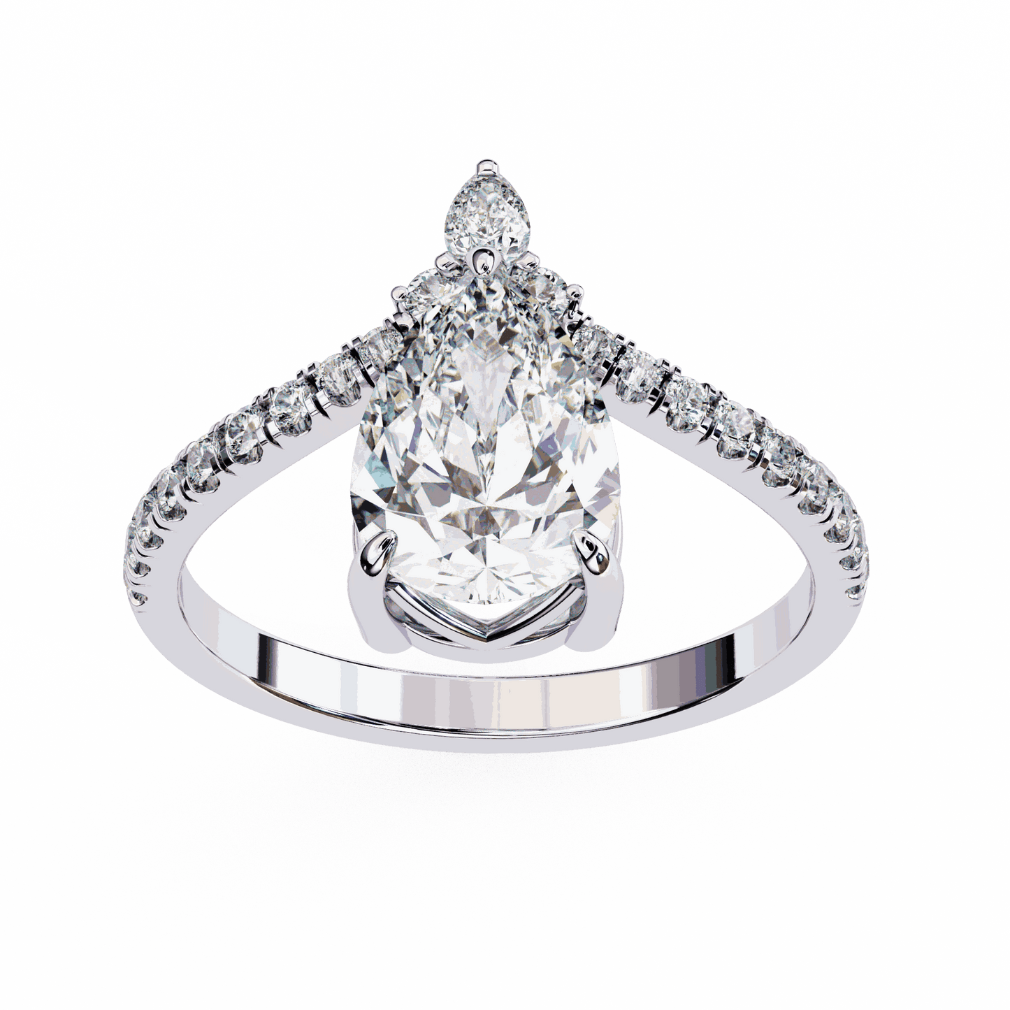 Pear Cut Lab Grown Diamond Pave Engagement Ring with Chevron Shank and Pear Crown