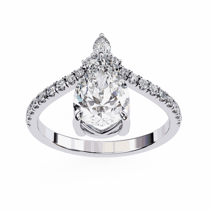 Pear Cut Lab Grown Diamond Pave Engagement Ring with Chevron Shank and Pear Crown